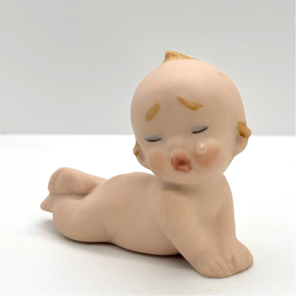 Vintage Lefton (?) Porcelain/Bisque Kewpie Doll Figurine, Crying on Tummy, Small